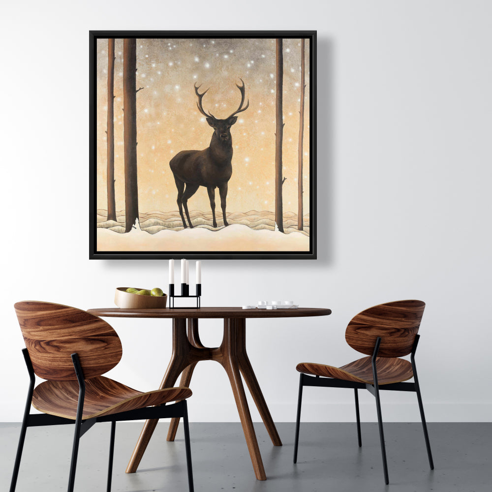 Roe Deer in Winter Canvas - Rustic Brown Framed Home Decor