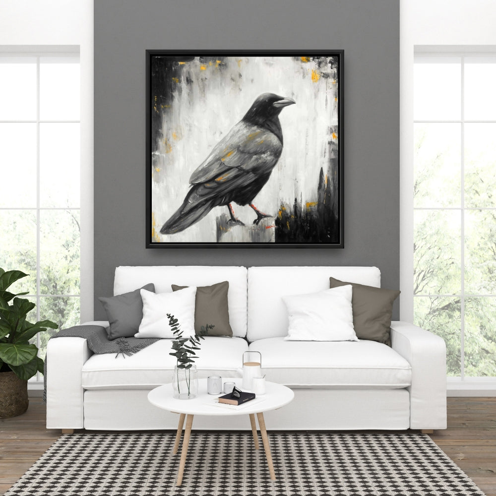 Gray Crow Bird Canvas | Animal Bedroom Decor | Framed Wall Art