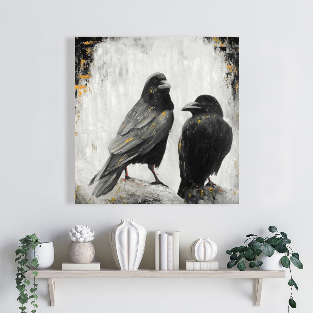 Two Crows Birds White Canvas | Bird Bedroom Decor Wall Art