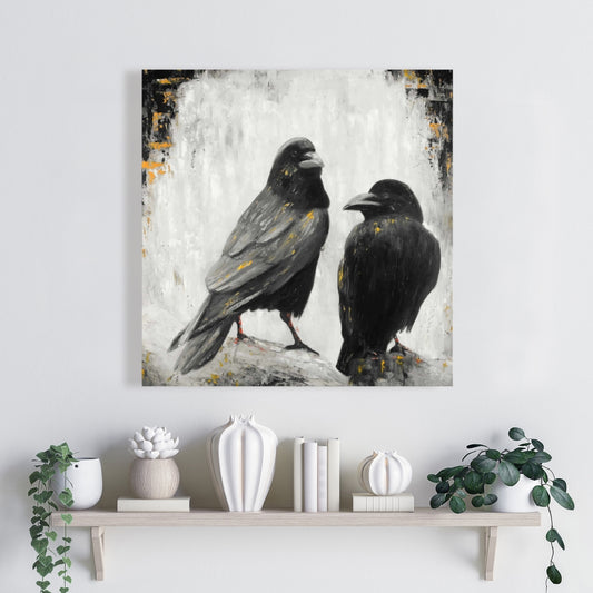 Toile blanche représentant deux corbeaux | Décoration murale pour chambre d'enfant