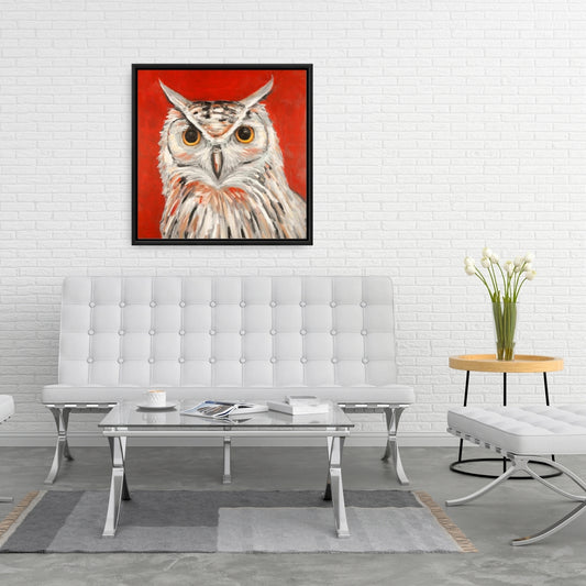Toile colorée représentant un hibou grand-duc | Décoration encadrée gris oiseau