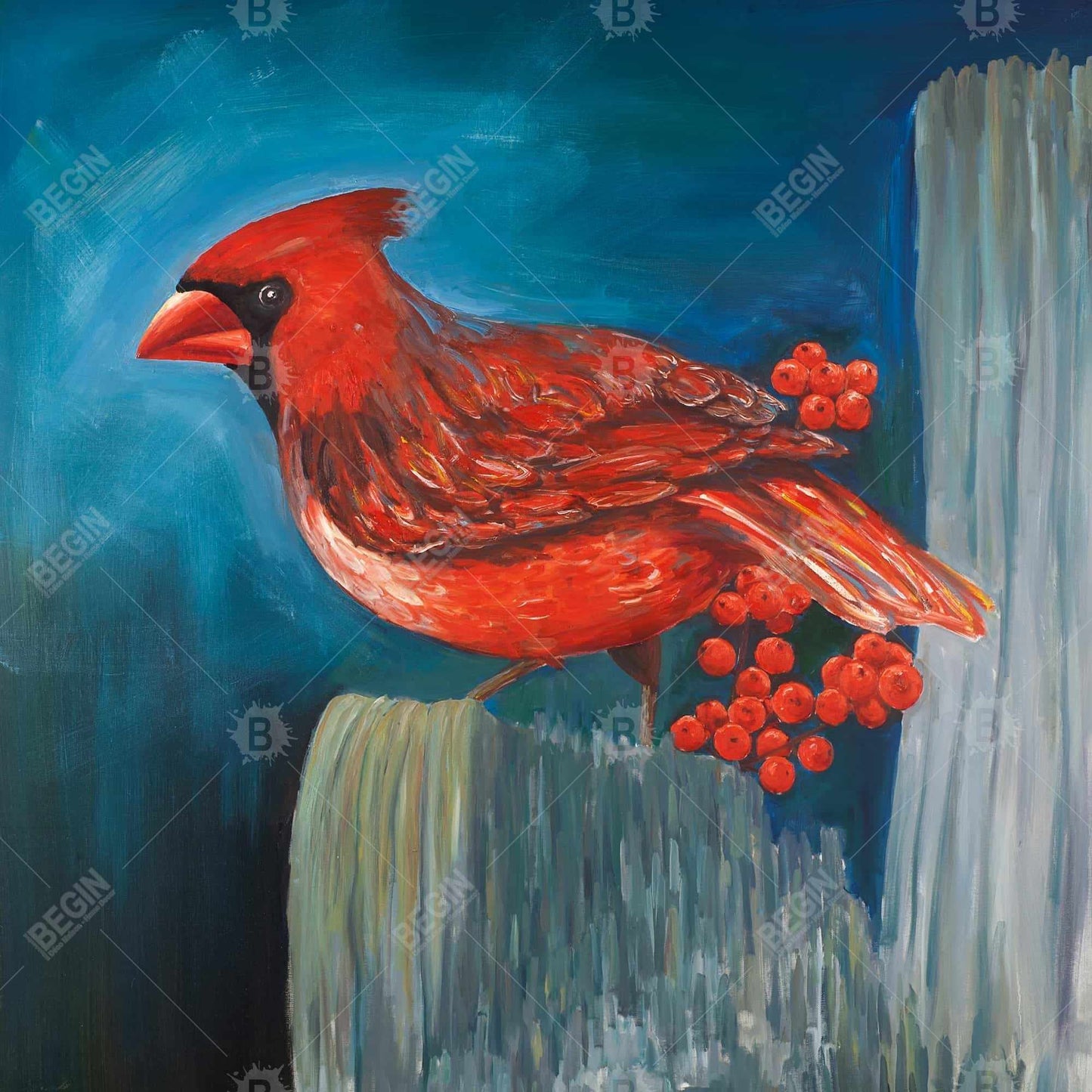 Redbreast Bird Canvas | Blue Animals Wall Art for Home Decor