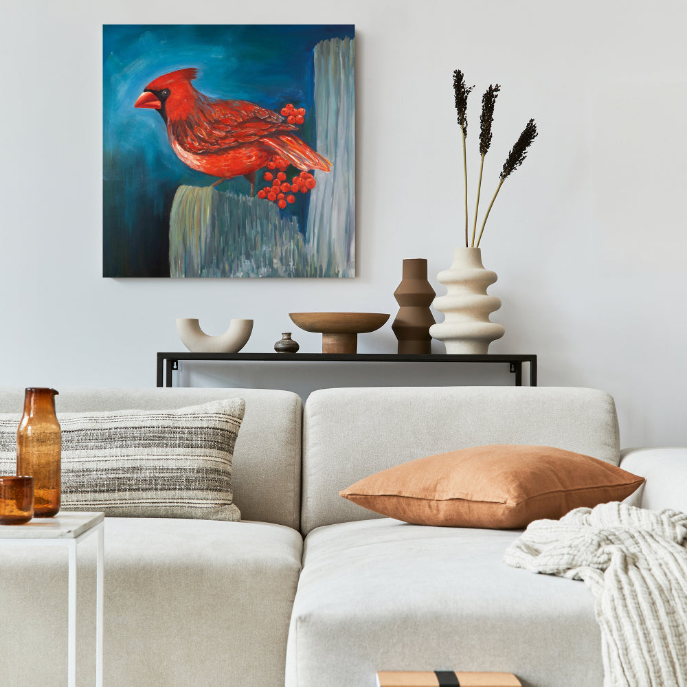 Redbreast Bird Canvas | Blue Animals Wall Art for Home Decor
