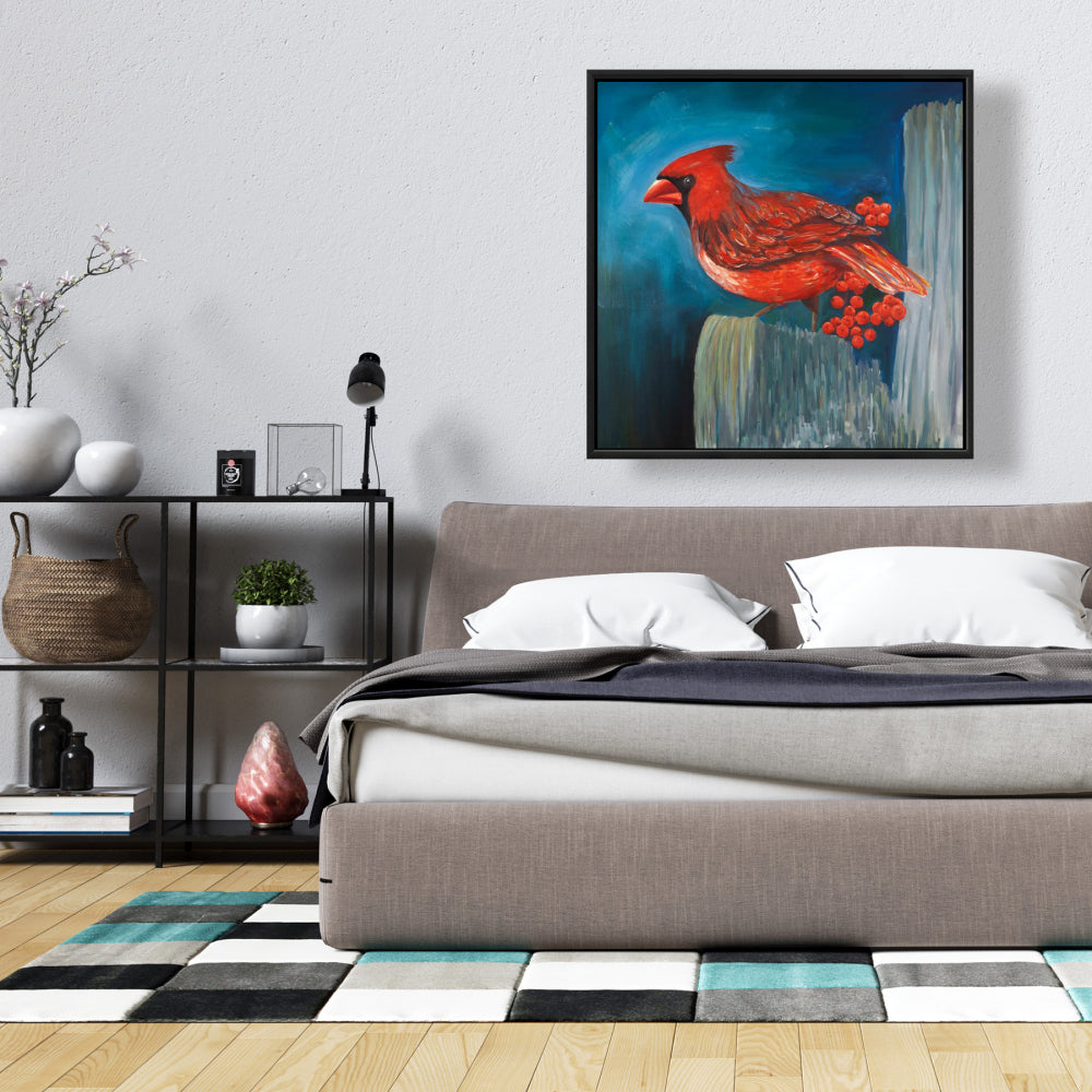 Redbreast Bird on Branch Canvas | Blue Bird Framed Art Decor