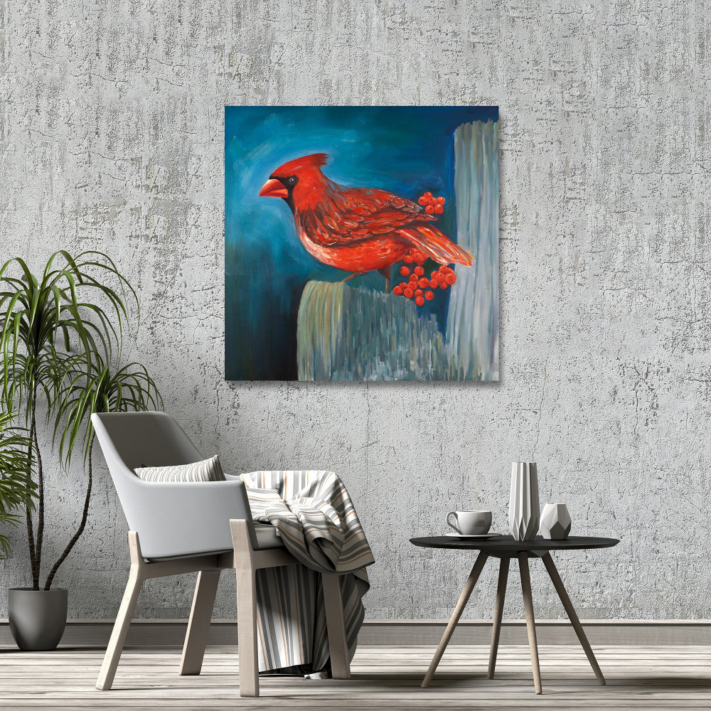 Redbreast Bird Canvas | Blue Animals Wall Art for Home Decor