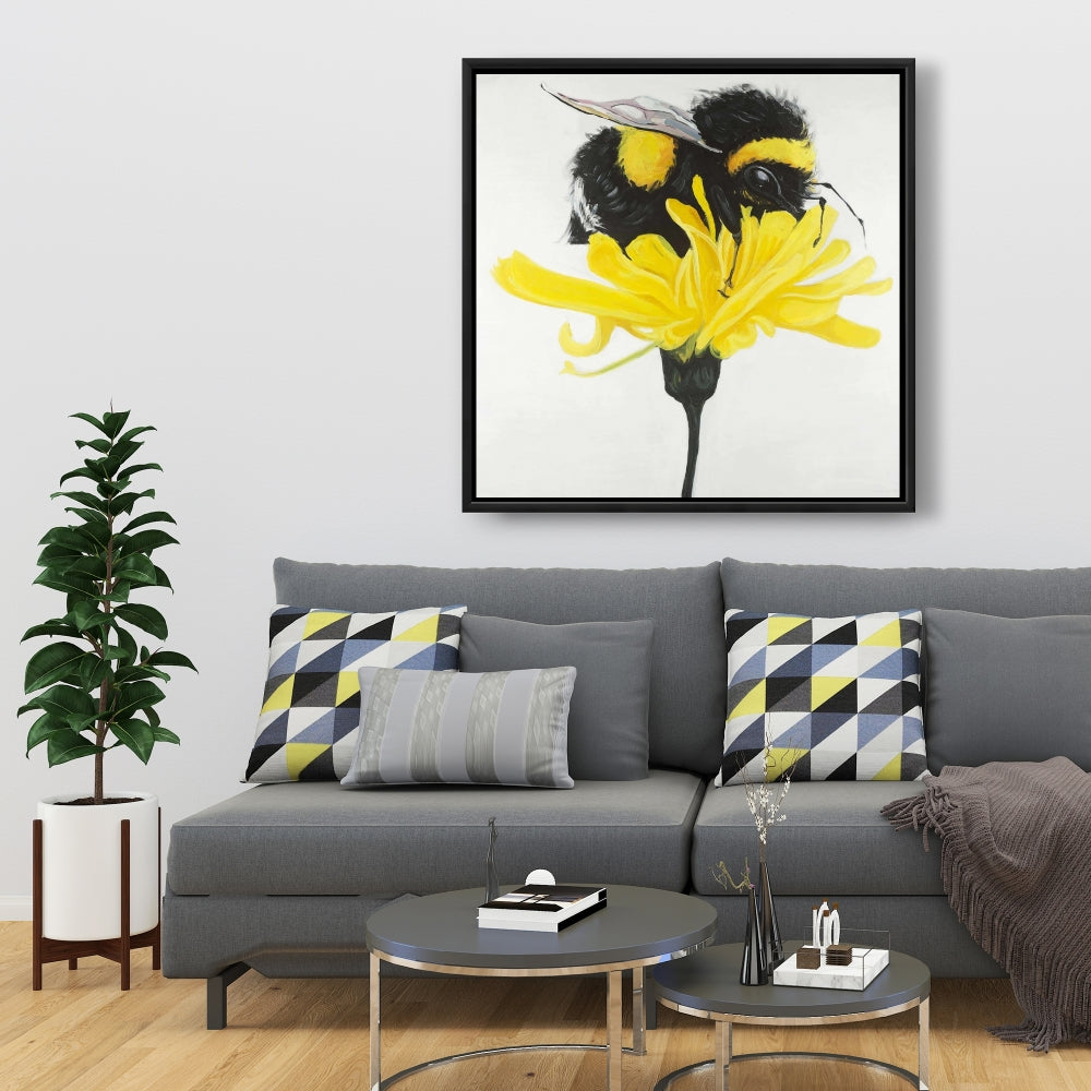 Bumblebee on Dandelion Framed Canvas - Modern Home Decor