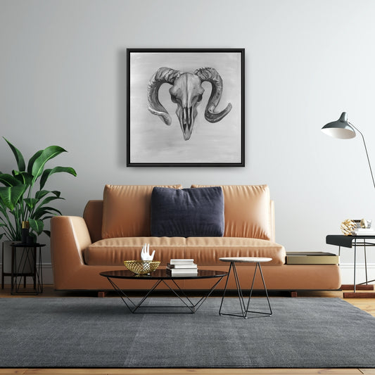 Toile représentant un crâne de Bélier en niveaux de gris | Décoration murale