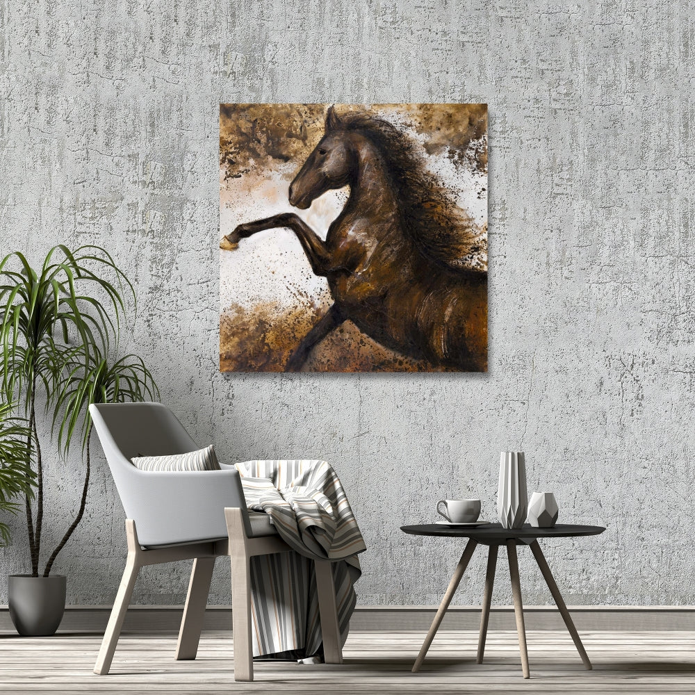 Horse Rushing Into Soil Canvas | Brown Animal Decor for Bedroom