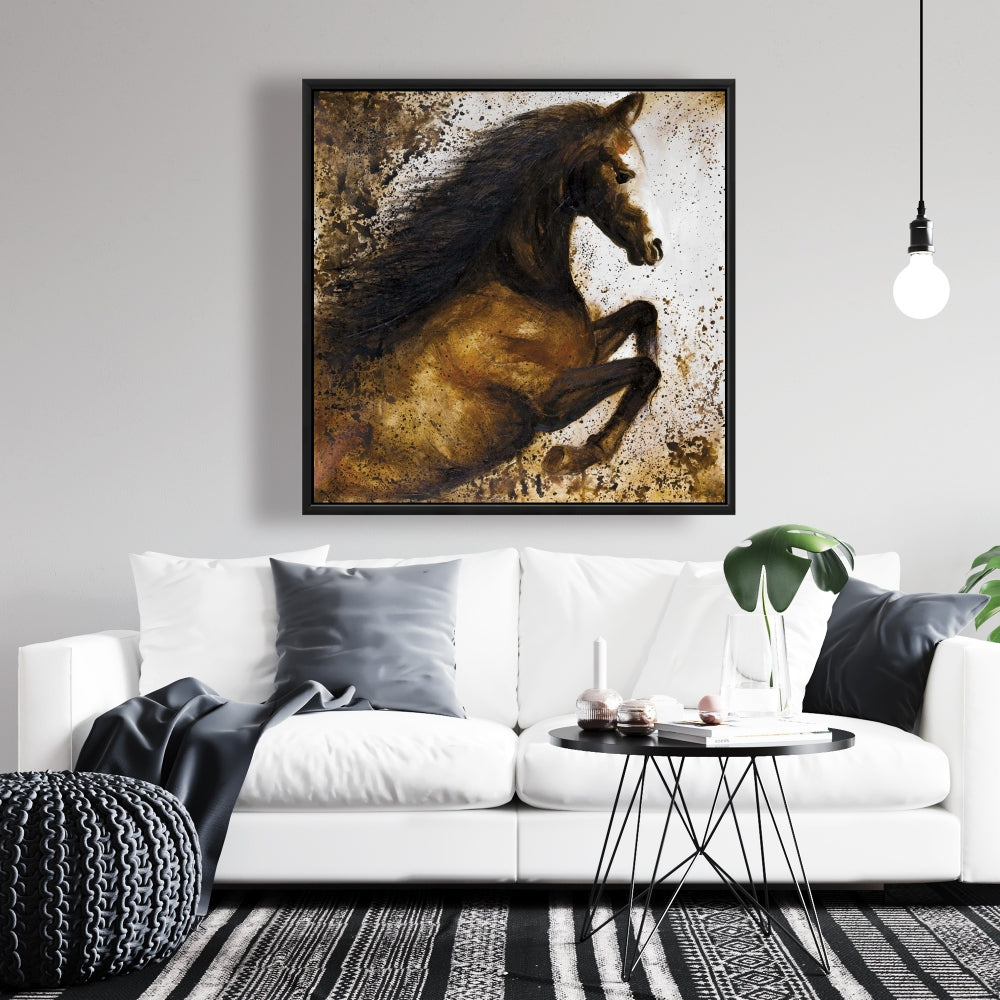 Horse Rushing Canvas - Brown Framed Art for Home Decor