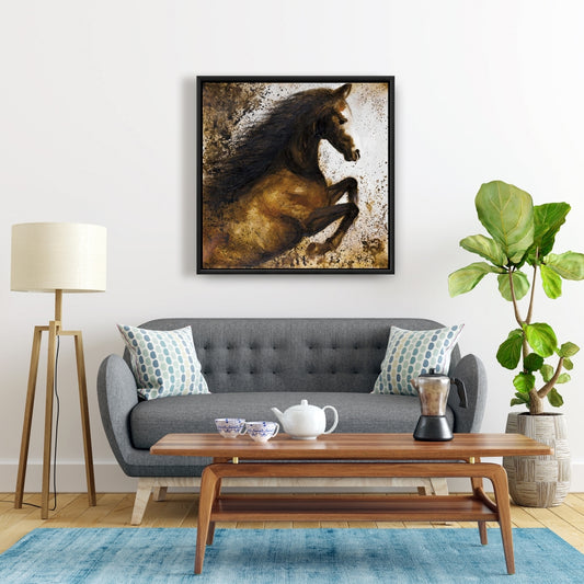 Horse Rushing Canvas - Brown Framed Art for Home Decor