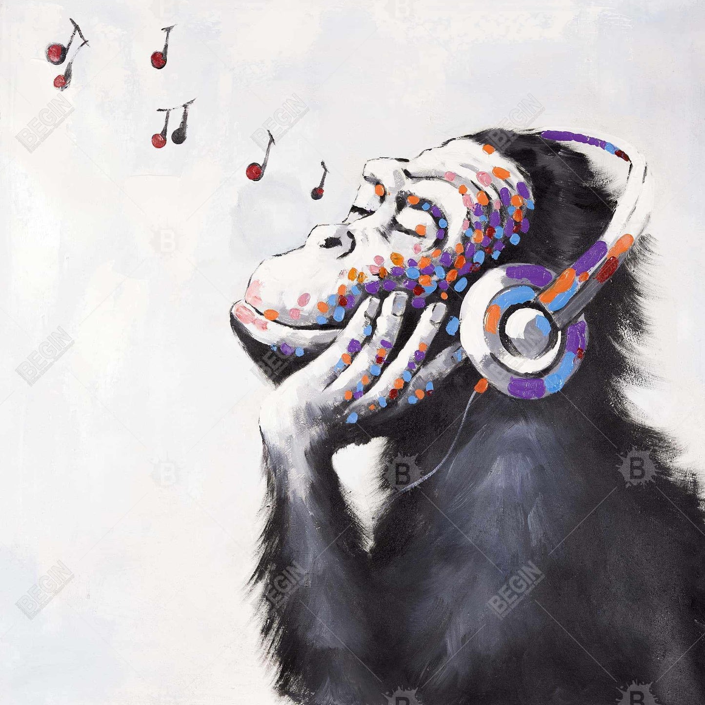 Monkey Listening to Music Canvas - Blue Animal Home Decor