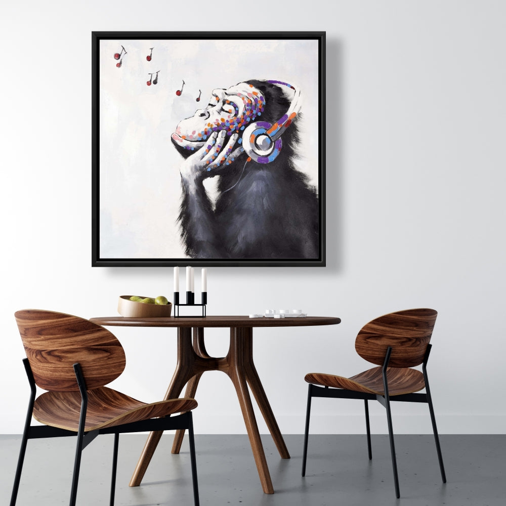 Monkey Listening Music - Blue Framed Canvas | Home Decor