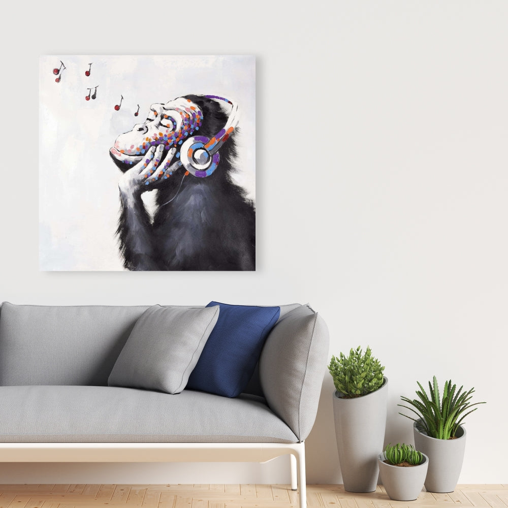 Monkey Listening to Music Canvas - Blue Animal Home Decor