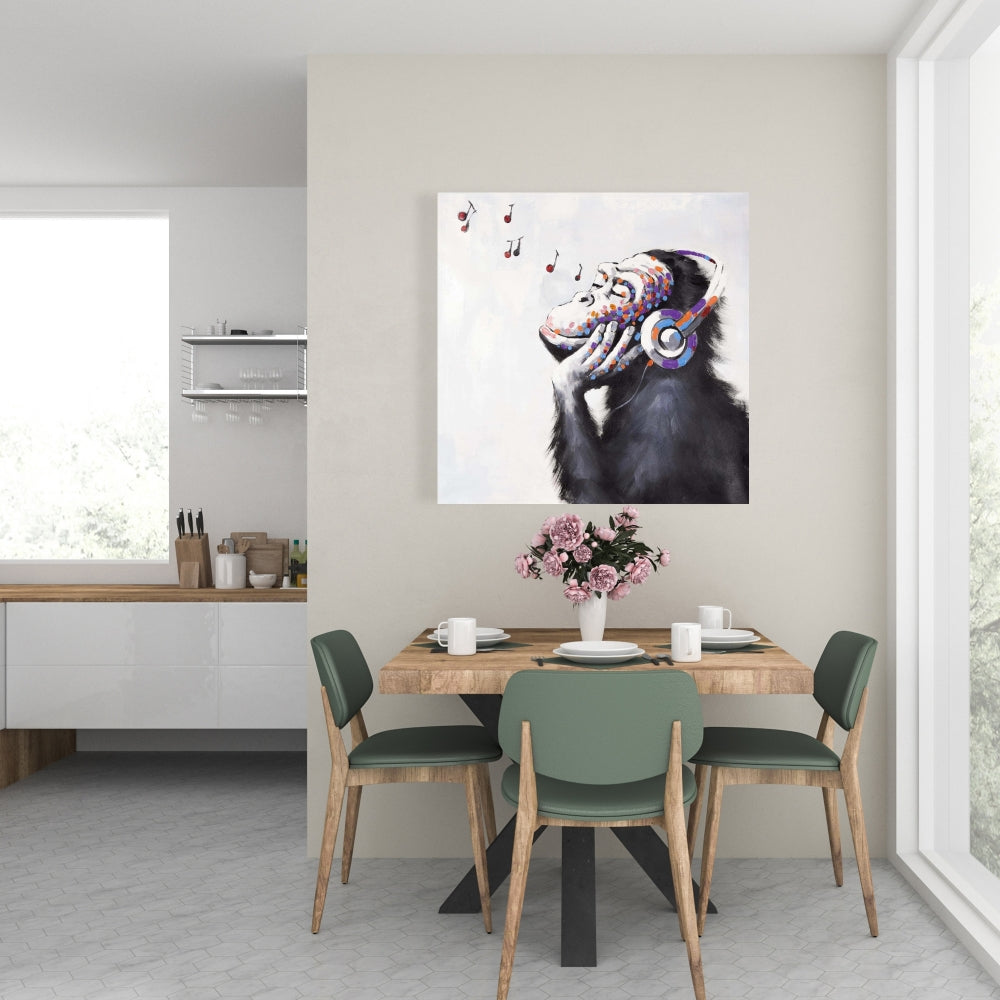 Monkey Listening to Music Canvas - Blue Animal Home Decor