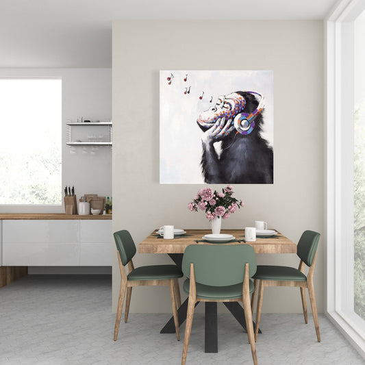 Monkey Listening to Music Canvas - Blue Animal Home Decor