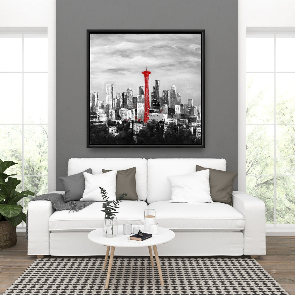 Space Needle in Red Canvas | White Frame | Home Decor Art