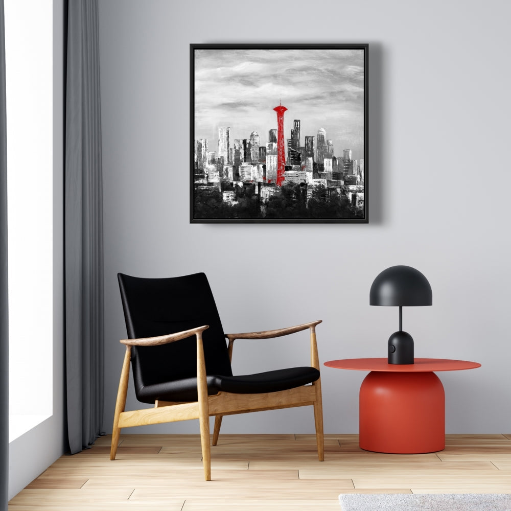 Space Needle in Red Canvas | White Frame | Home Decor Art