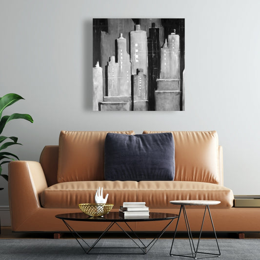 White Bedroom Canvas | Abstract Black & White Buildings Decor