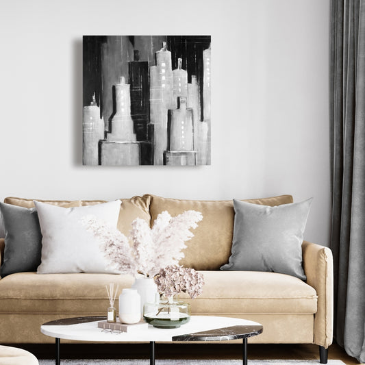 Toile abstraite en noir et blanc représentant un paysage urbain - Décoration murale pour chambre
