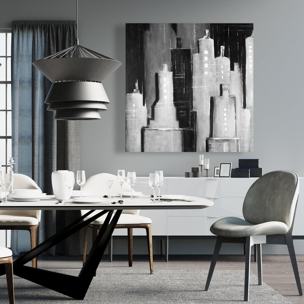 Toile abstraite en noir et blanc représentant un paysage urbain - Décoration murale pour chambre