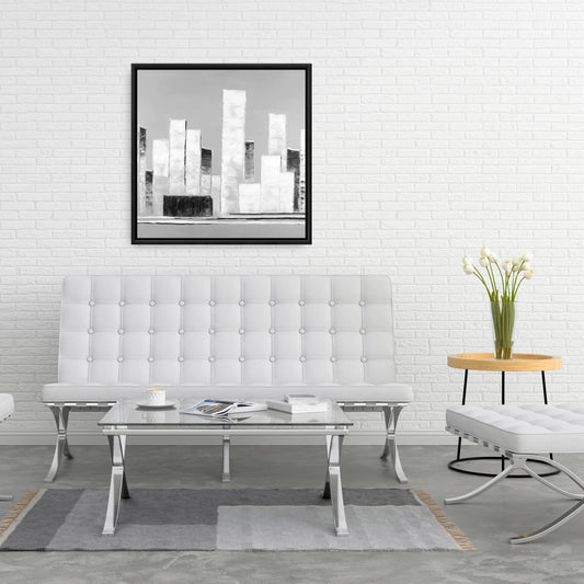 Toile abstraite en noir et blanc avec un bâtiment | Cadre blanc