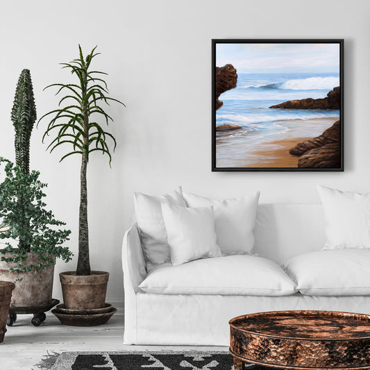 Blue Coastal Bedroom Framed Canvas | Rocks and Seaside Decor