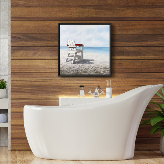 Toile encadrée contemporaine bleue côtière - Chaise de plage blanche