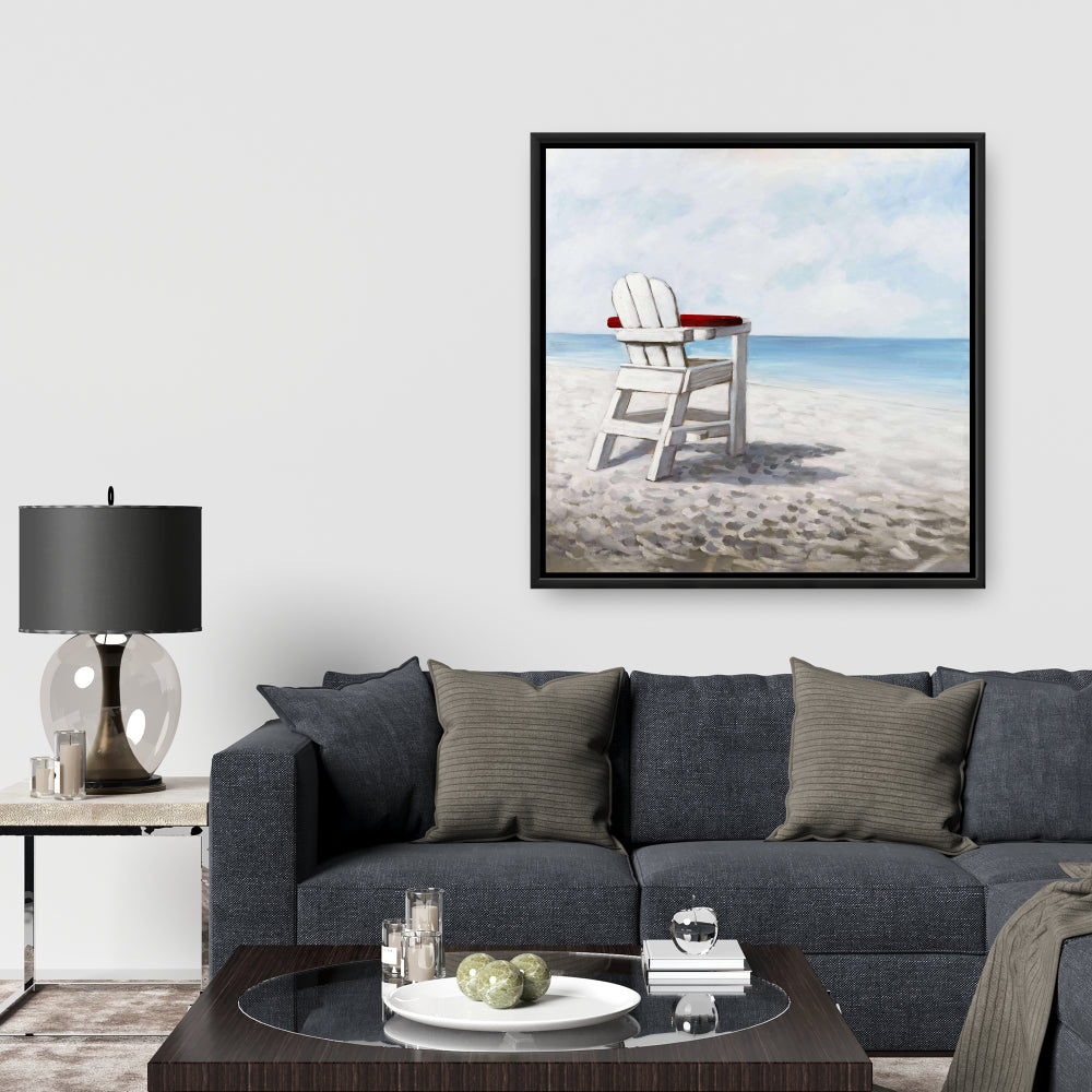 Contemporary Coastal Blue Framed Canvas - White Beach Chair