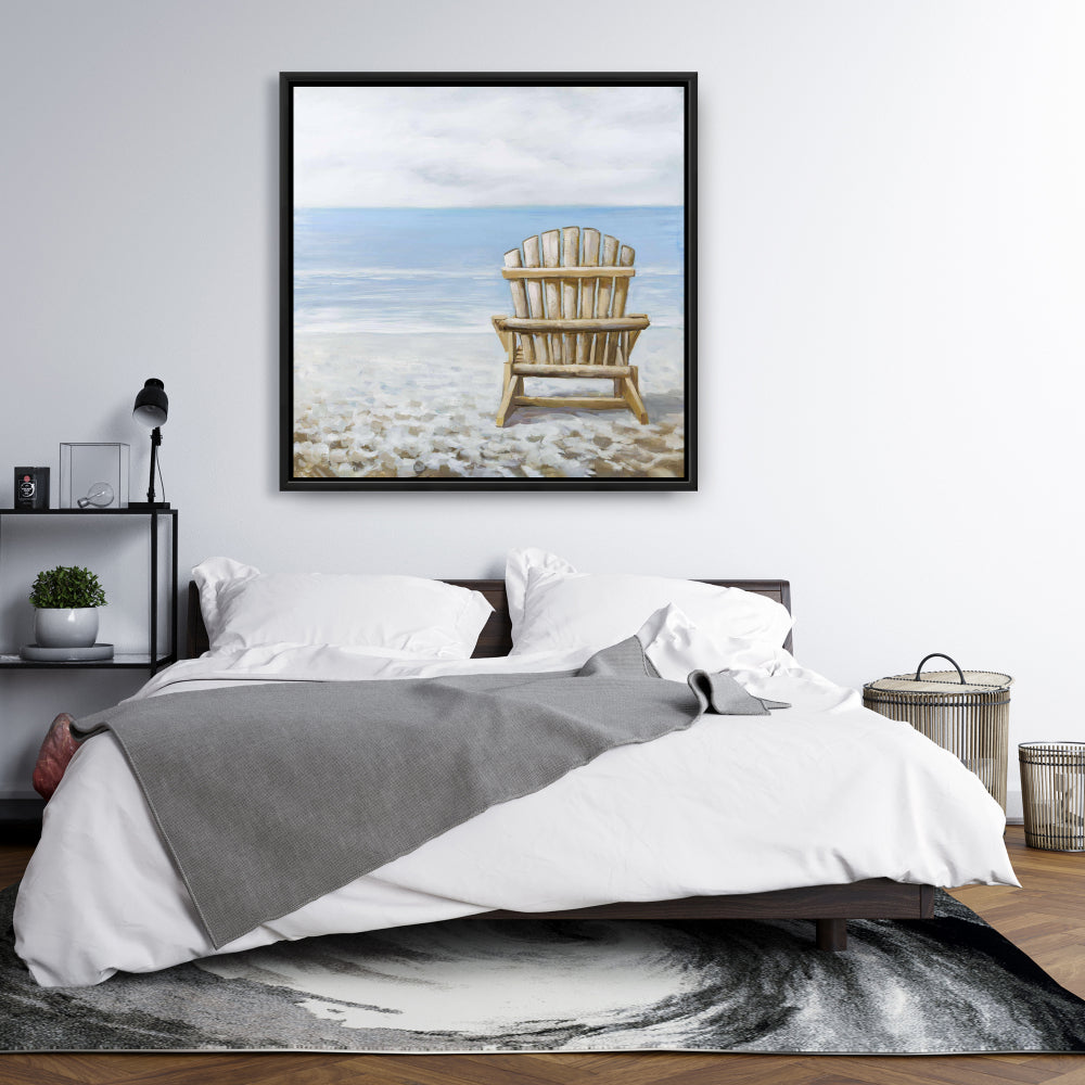 Wood Beach Chair Canvas - Blue Marine Framed Art for Bedroom