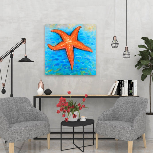Étoile de mer dans la mer | Toile contemporaine bleue pour décoration intérieure