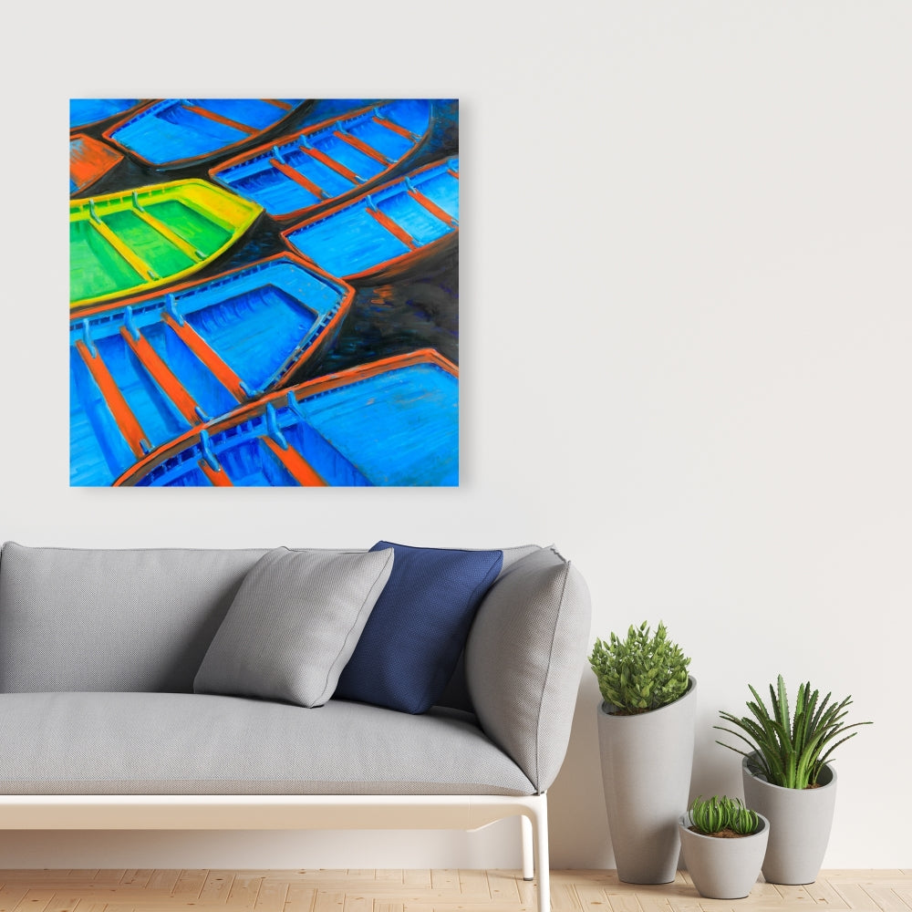 Blue Coastal Canvas - Small Canoes Bedroom Wall Art Decor
