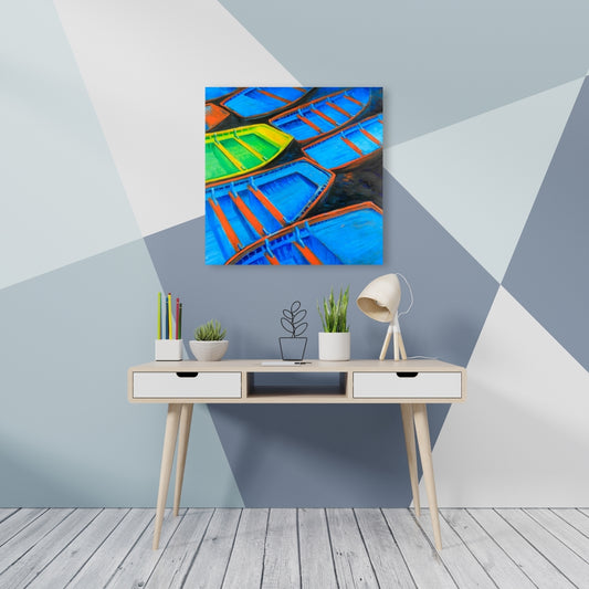 Blue Coastal Canvas - Small Canoes Bedroom Wall Art Decor