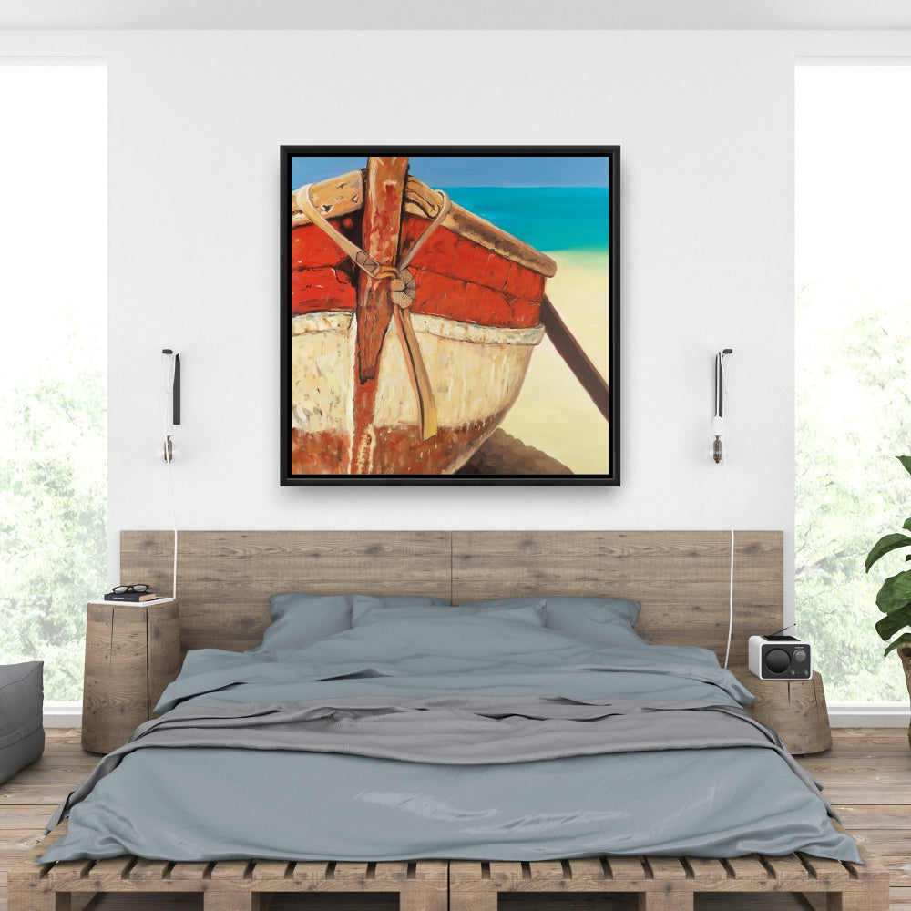 Tied Up Rowing Boat Canvas - Marine Bedroom Blue Framed Art