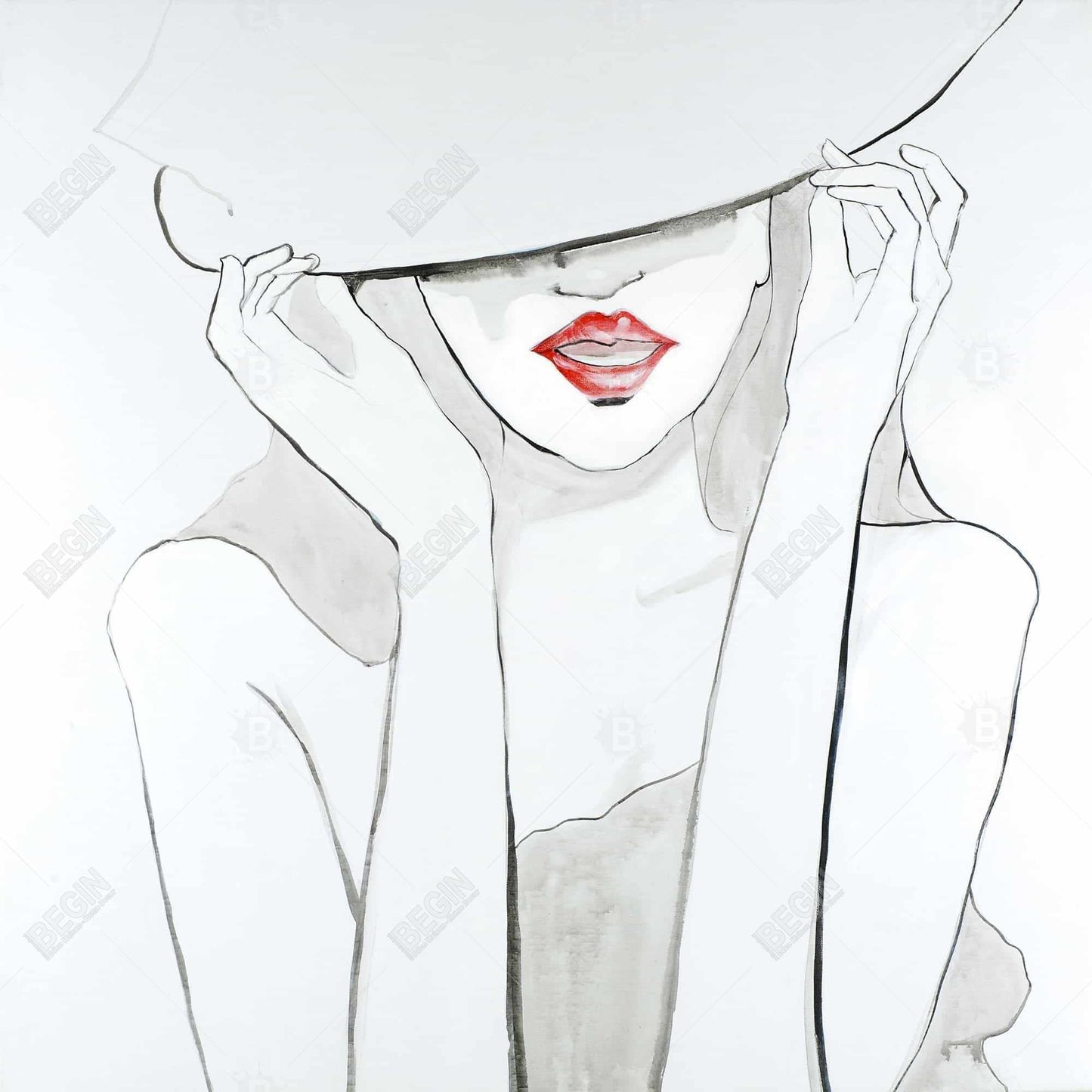 Beauty Bedroom Decor - Gray Framed Canvas Woman with Big Hat