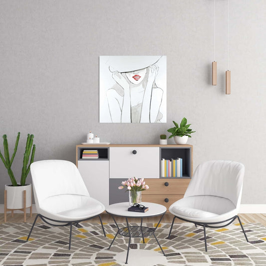 Fashion Bedroom Gray Canvas - Woman with Big Hat Home Decor