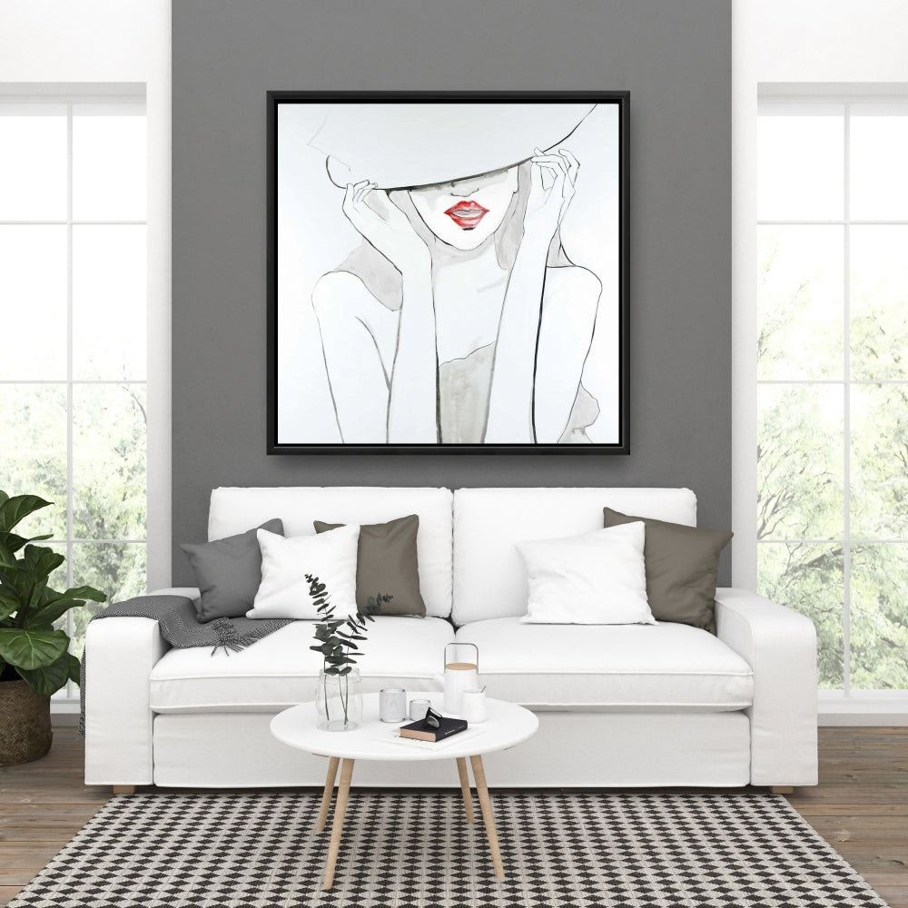 Beauty Bedroom Decor - Gray Framed Canvas Woman with Big Hat