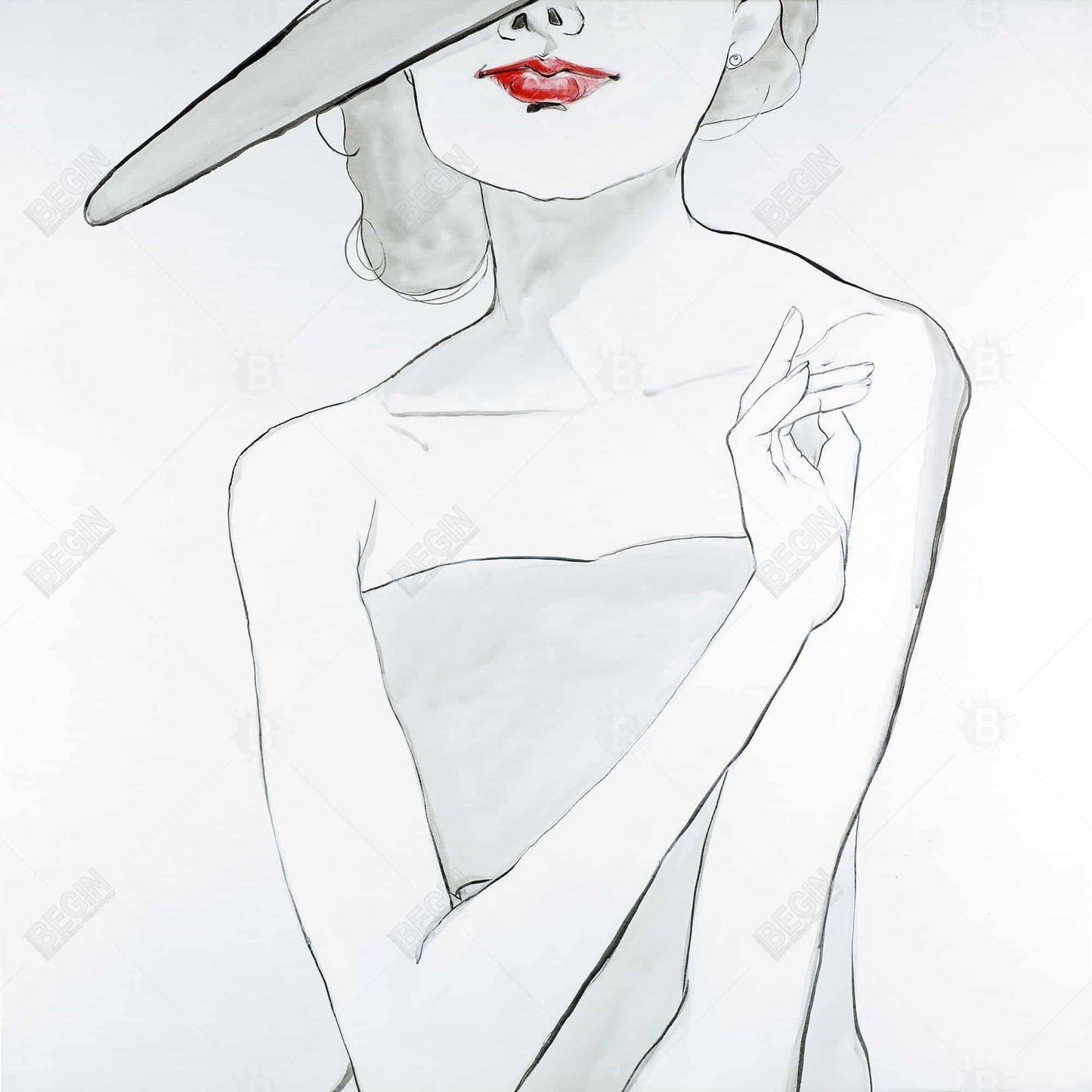 Romantic Bedroom Gray Canvas - Woman with Hat Home Decor