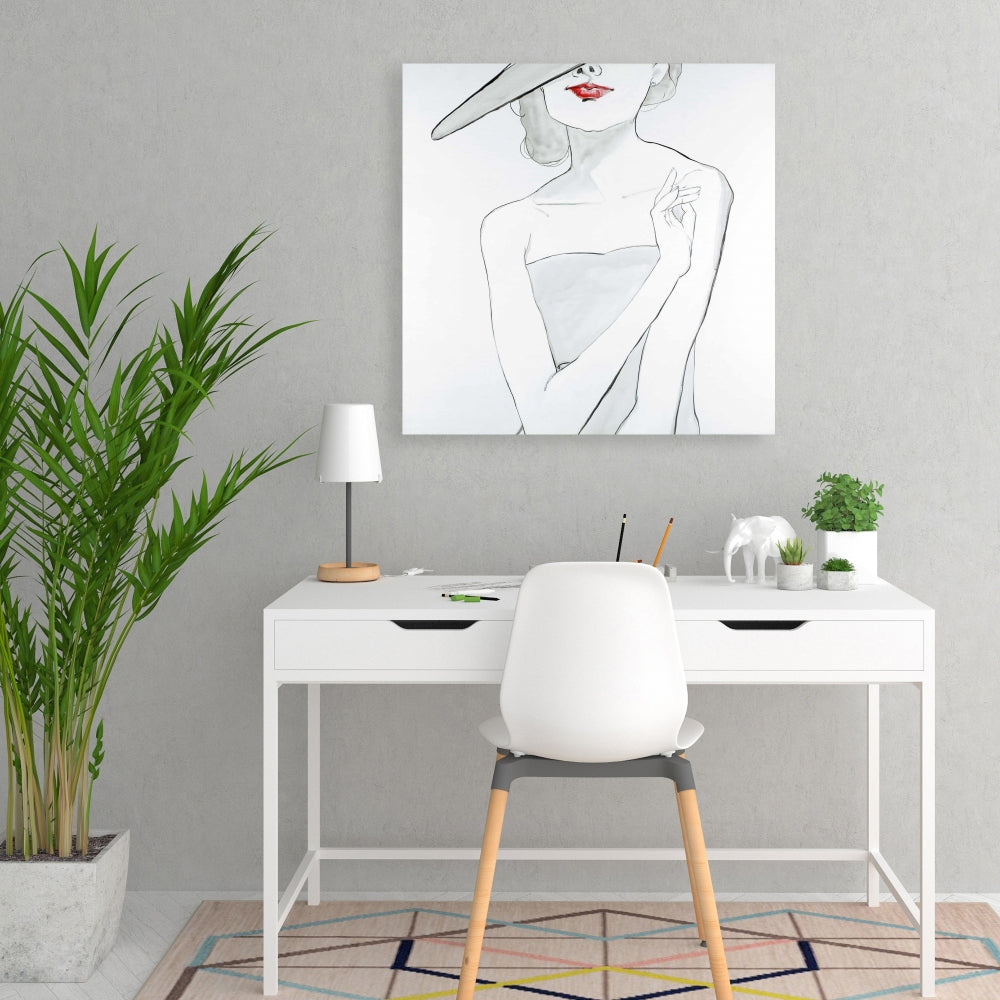 Romantic Bedroom Gray Canvas - Woman with Hat Home Decor