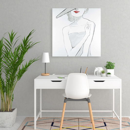 Chambre romantique sur toile grise – Femme au chapeau, décoration d'intérieur