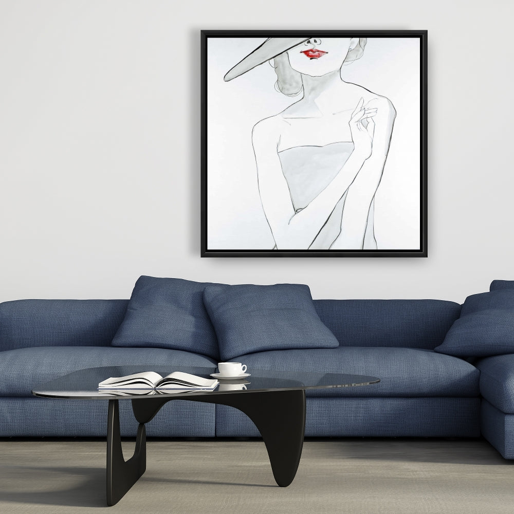 Gray Romantic Bedroom Canvas - Woman with Hat Framed Decor