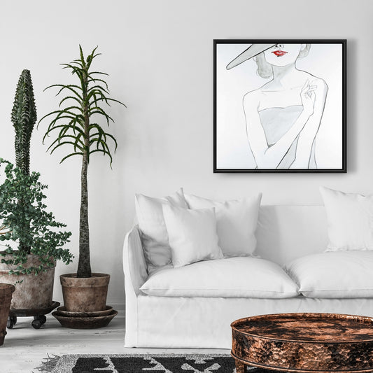 Toile de chambre romantique grise – Femme au chapeau, décoration encadrée