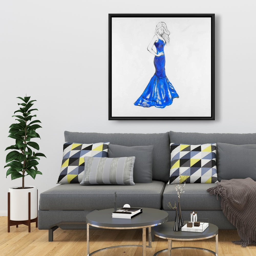 Lady in Dress Canvas | Fashion Bedroom Blue Framed Art Decor