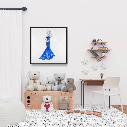 Toile « Dame en robe » | Décoration de chambre à coucher tendance encadrée bleue