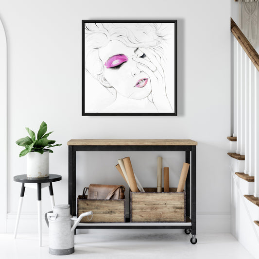 Toile de maquillage rose | Décoration murale avec cadre blanc