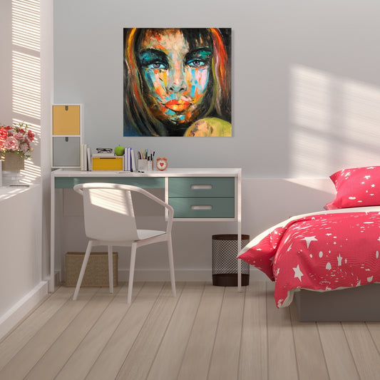 Colorful Woman Portrait - Blue Canvas Art | Contemporary Decor