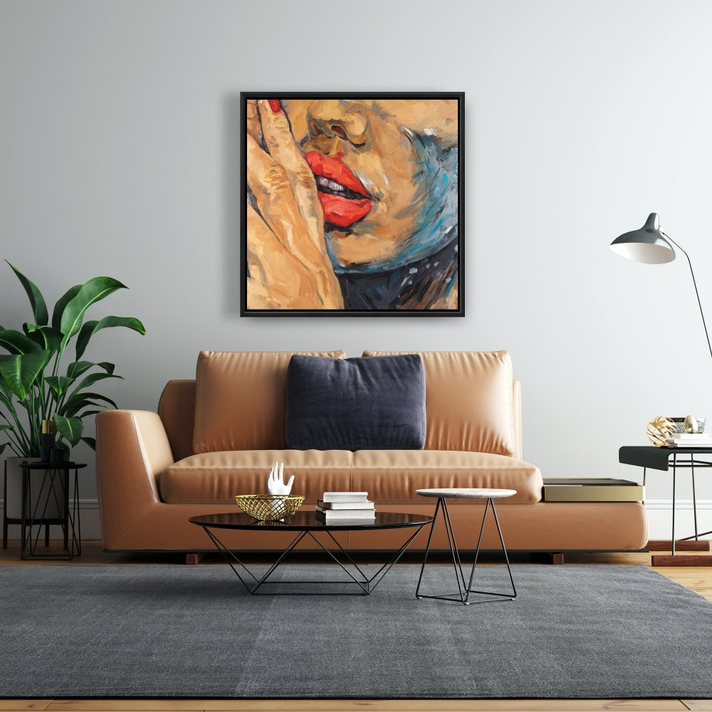 Figurative Brown Contemporary Framed Canvas - Shushing Lips Decor