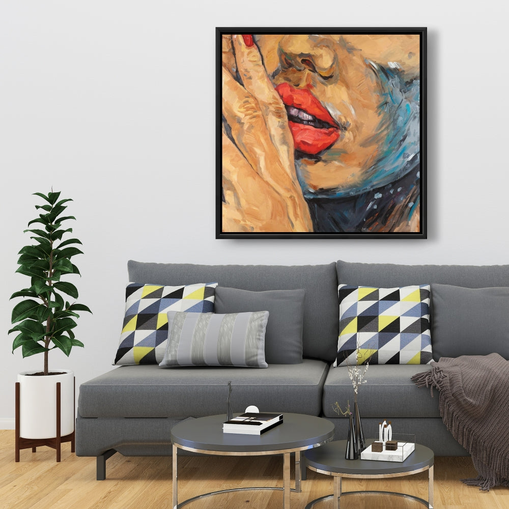 Figurative Brown Contemporary Framed Canvas - Shushing Lips Decor