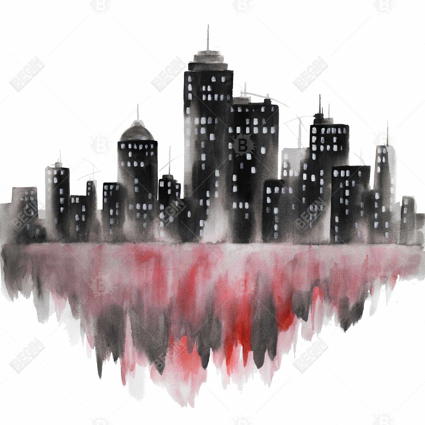 Red Watercolor Cityscape | Gray Framed Canvas - Home Decor