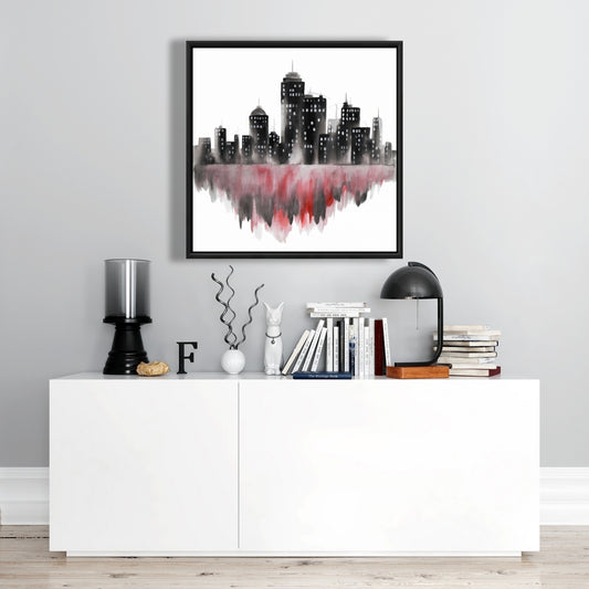 Red Watercolor Cityscape | Gray Framed Canvas - Home Decor