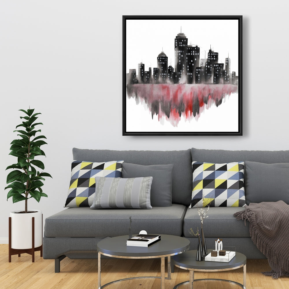 Red Watercolor Cityscape | Gray Framed Canvas - Home Decor